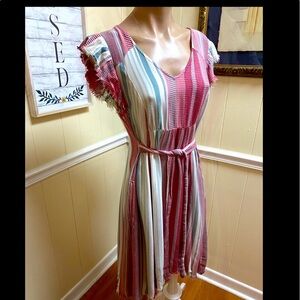 True Craft Woman’s Boho Size M Dress•Raw Hem Sleeves And Raw Hem Hi/Lo Striped